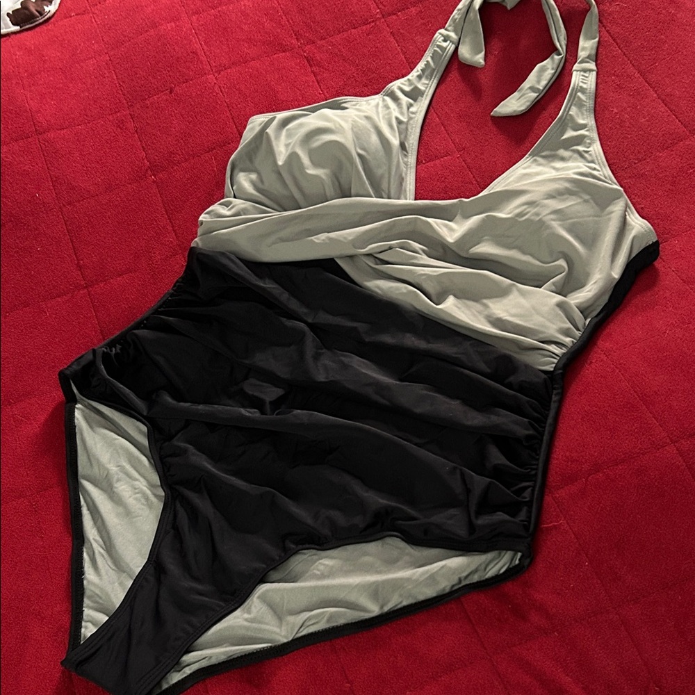 Elegant Black and Gray Halter One-Piece Swimsuit
